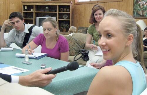 Nastia Liukin of Parker, Texas, speak with reporters during an interview session at the Karolyi Ranch before practice.