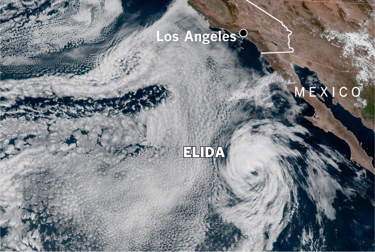 Tropical Storm Elida was about 700 miles south of San Diego in this image from Wednesday afternoon.