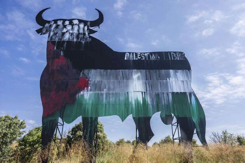 Un cartel con la silueta de un toro, pintado con los colores de la bandera palestina y la frase "Palestina libre", a las afueras de Madrid, el 28 de mayo de 2024. (AP Foto/Bernat Armangue)