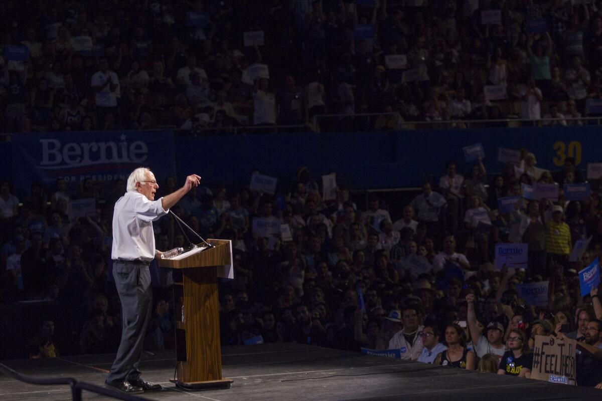 Democratic presidential candidate Sen. Bernie Sanders, I-Vt., speaks at a rally, Monday, Aug. 10, 2015, at the Los Angeles Memorial Sports Arena in Los Angeles. (AP Photo/Ringo H.W. Chiu)