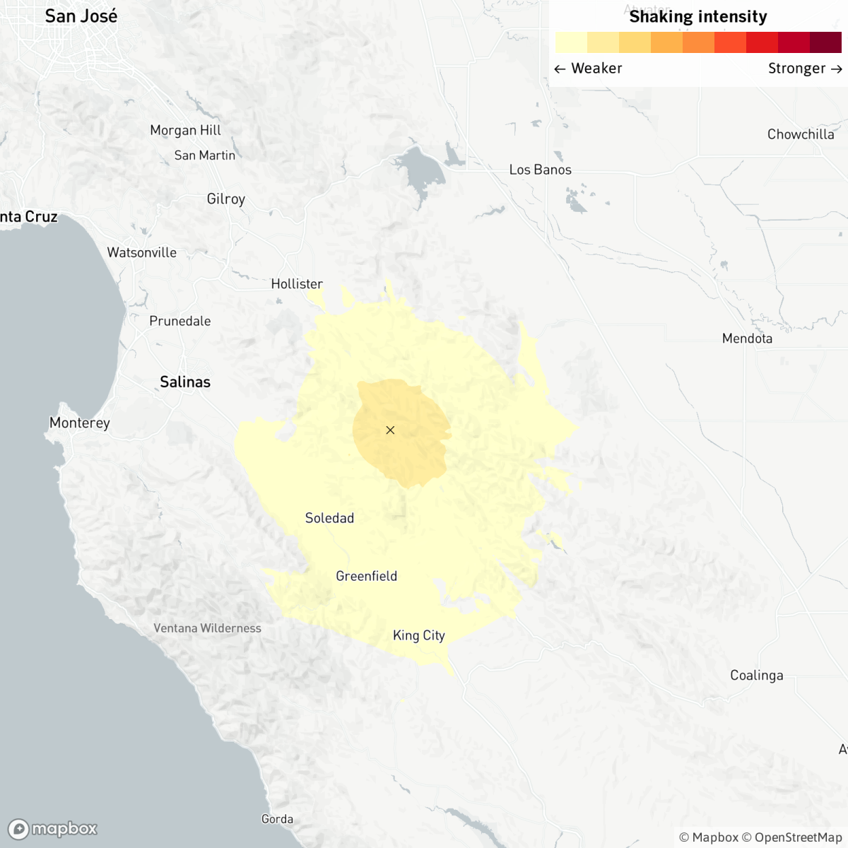 Map showing location of earthquake near Soledad, Calif.