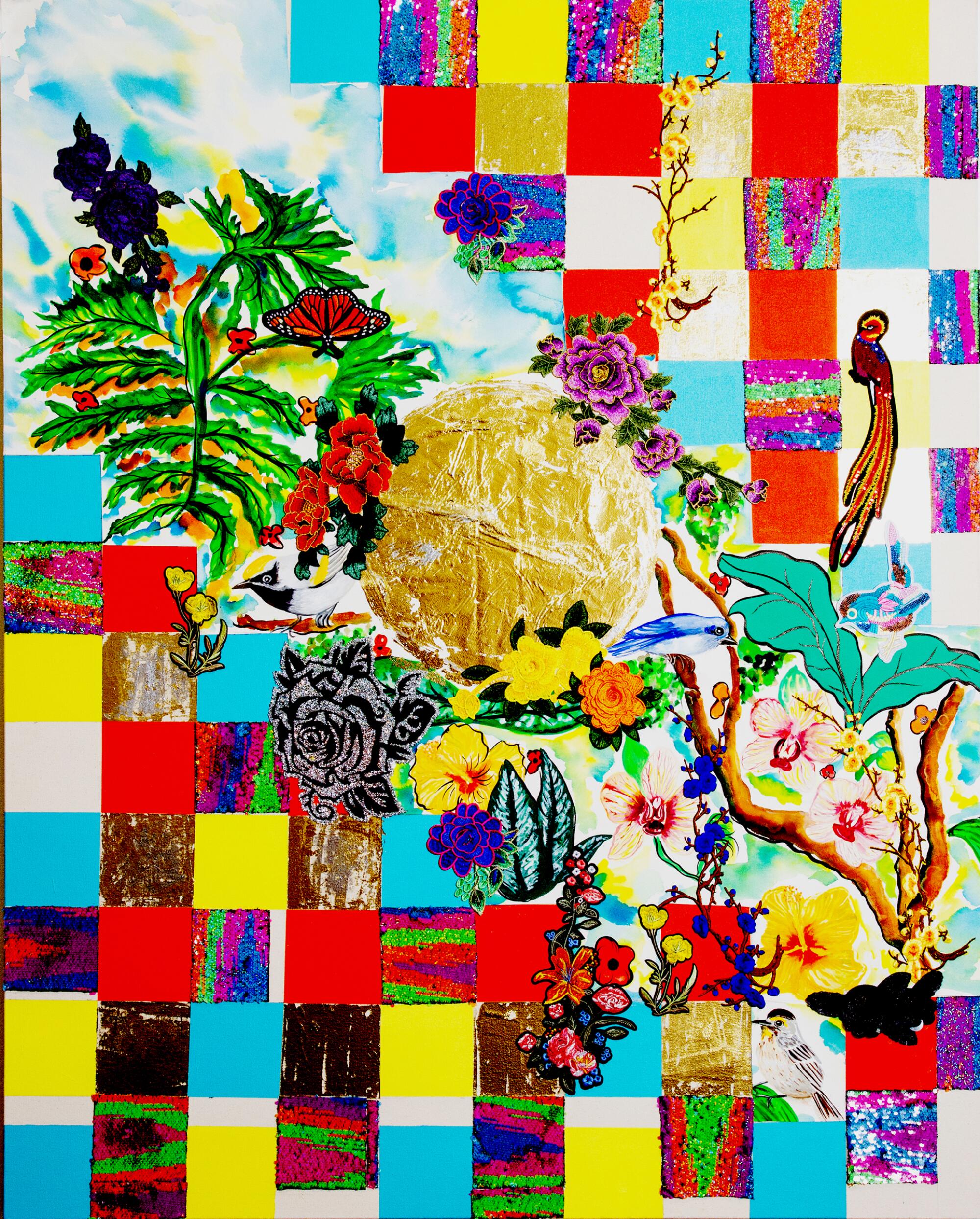 Emerging from a brightly checkered background is a tangle of nature and a golden sun in a painting by Carolyn Casta?o