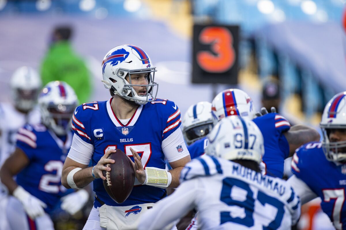 Buffalo Bills quarterback Josh Allen looks to pass during a AFC wild-card win over of the Indianapolis Colts.