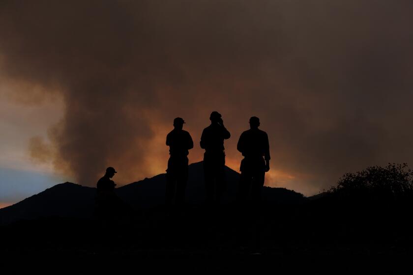 ANGELUS OAKS, CA - SEPTEMBER 9, 2024: Firefighters from the Mill Creek hotshot crew monitor the Line fire burning over a ridge off Highway 38 on September 9, 2024 in Angeles Oaks , California. (Gina Ferazzi / Los Angeles Times)