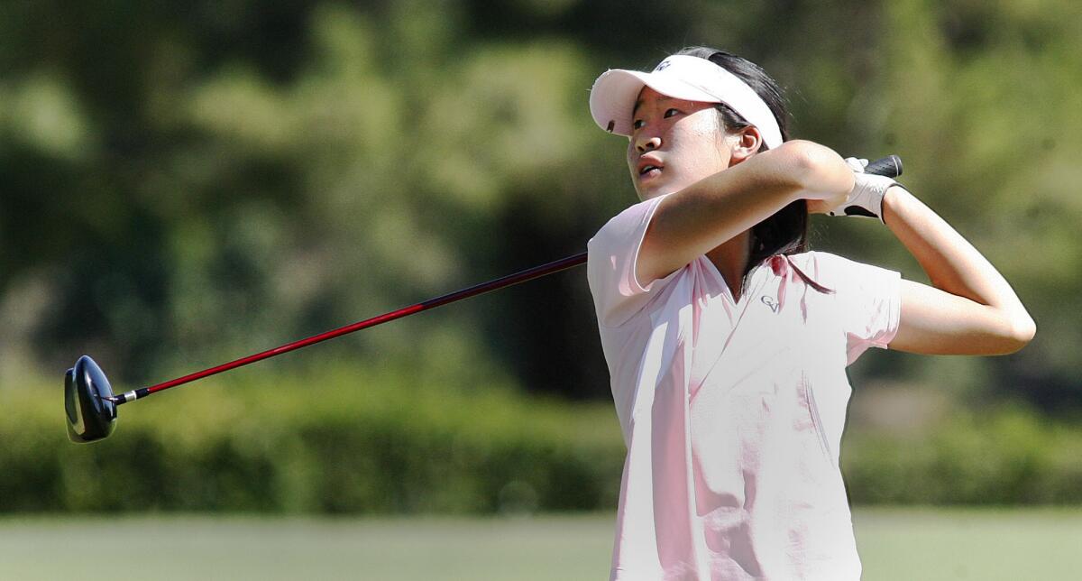 Crescenta Valley's Jocelyn Chia tees off on the third tee for the Pacific League girls golf championship at Brookside Golf Course in Pasadena on Wednesday, Oct. 17, 1012.