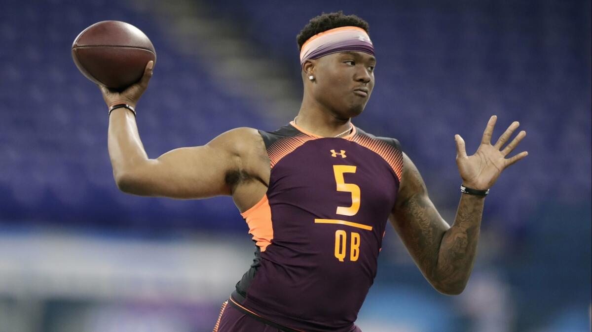 Ohio State quarterback Dwayne Haskins throws a pass at the NFL scouting combine.