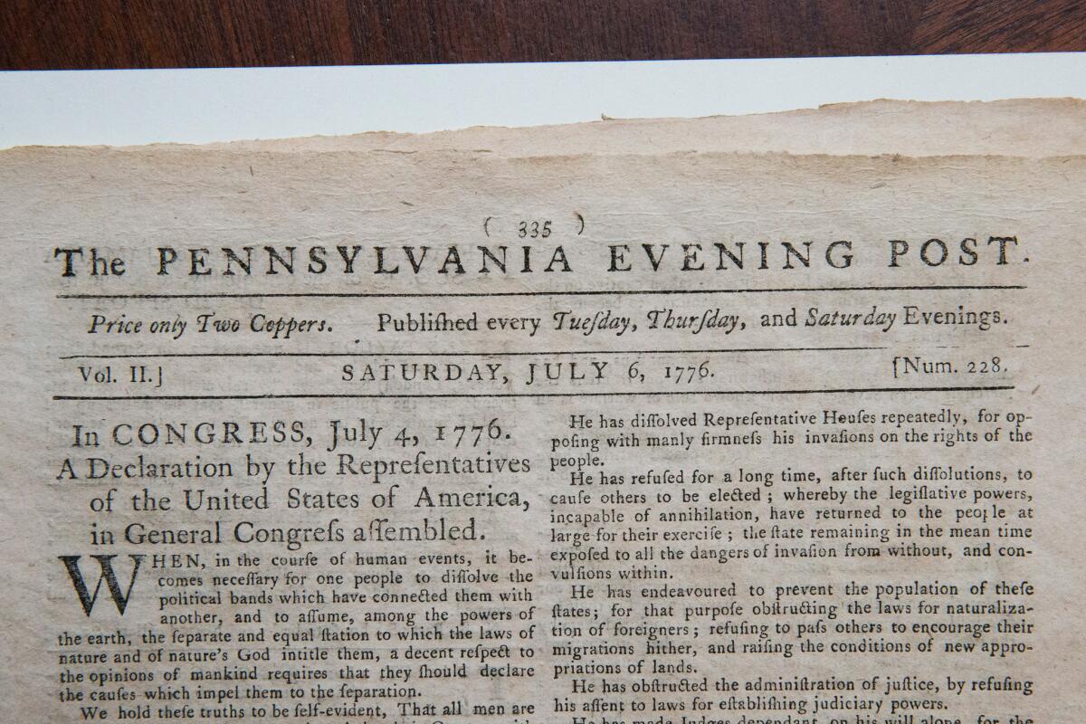 The first known newspaper printing of the Declaration of Independence, printed on July 6, 1776 in The Pennsylvania Evening Post, is seen after being auctioned at Robert A. Siegel Galleries in New York City.
