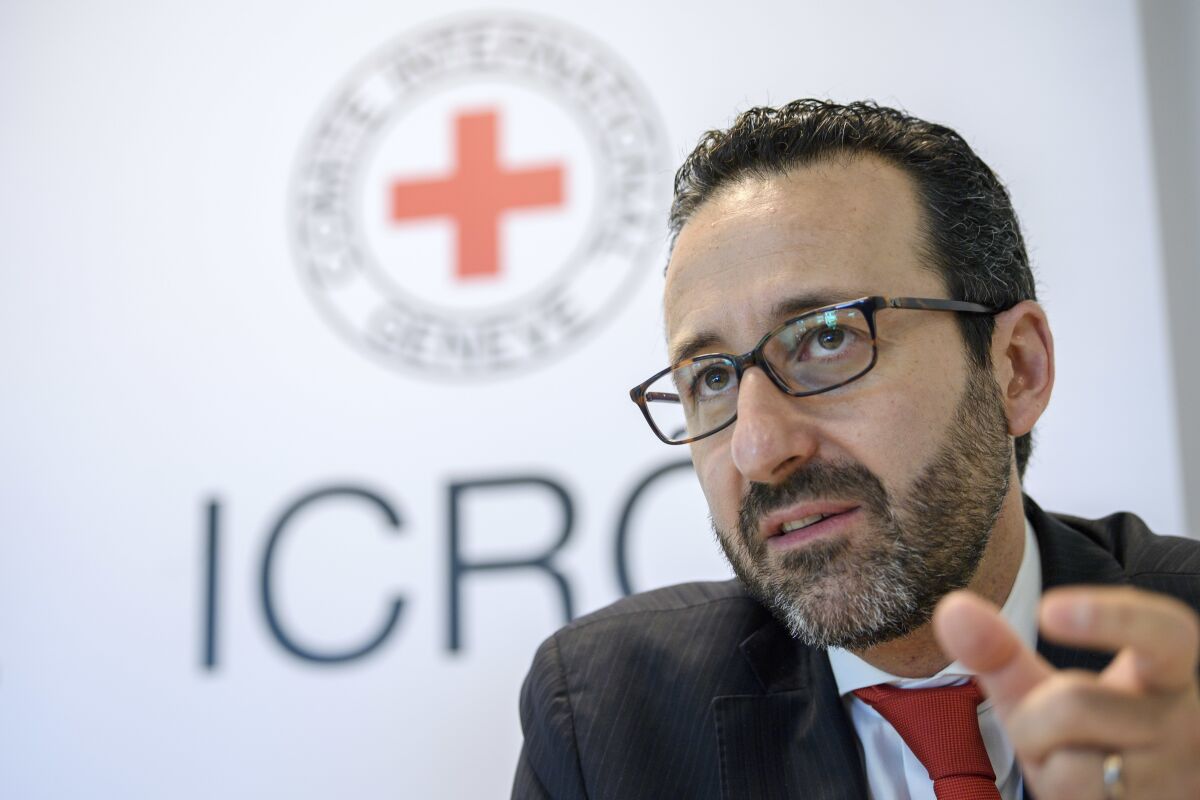 FILE - Robert Mardini speaks during a news conference on the situation in Gaza, at the International Red Cross, headquarters in Geneva, Switzerland, on May 31, 2018. The International Committee of the Red Cross, which is best known for helping war victims, says hackers broke into servers hosting its data and gained access to personal, confidential information on more than a half-million vulnerable people. "An attack on the data of people who are missing makes the anguish and suffering for families even more difficult to endure," Mardini, the ICRC's director-general, said in a statement. (Martial Trezzini/Keystone via AP, File)