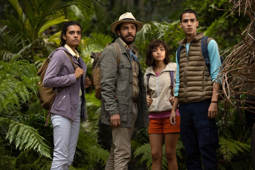 (L-R)- Madeleine Madden, Eugenio Derbez, Isabela Moner and Jeff Wahlberg star in Paramount Pictures, Paramount Players and Nickelodeon Movies "Dora and the Lost City of Gold." Credit: Vince Valitutti/Paramount Pictures