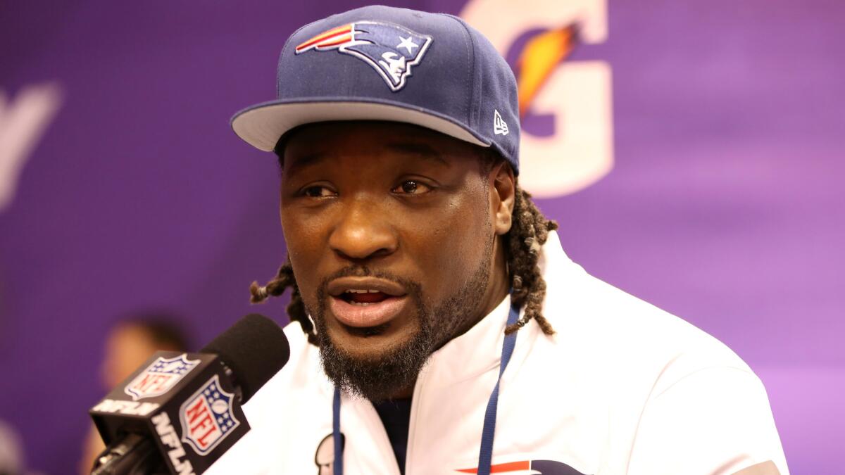 New England Patriots running back LeGarrette Blount speaks Tuesday during Super Bowl Media Day in Phoenix.