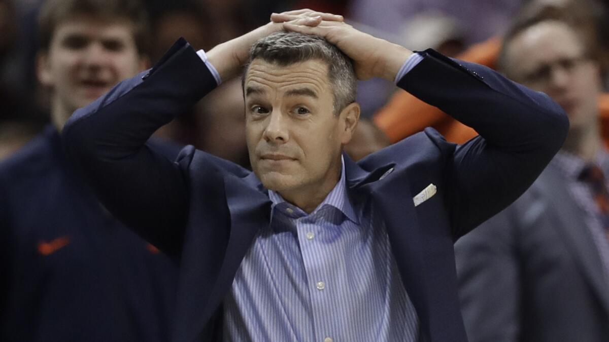 Virginia coach Tony Bennett reacts to a call during a game against North Carolina State in the Atlantic Coast Conference tournament on Thursday.