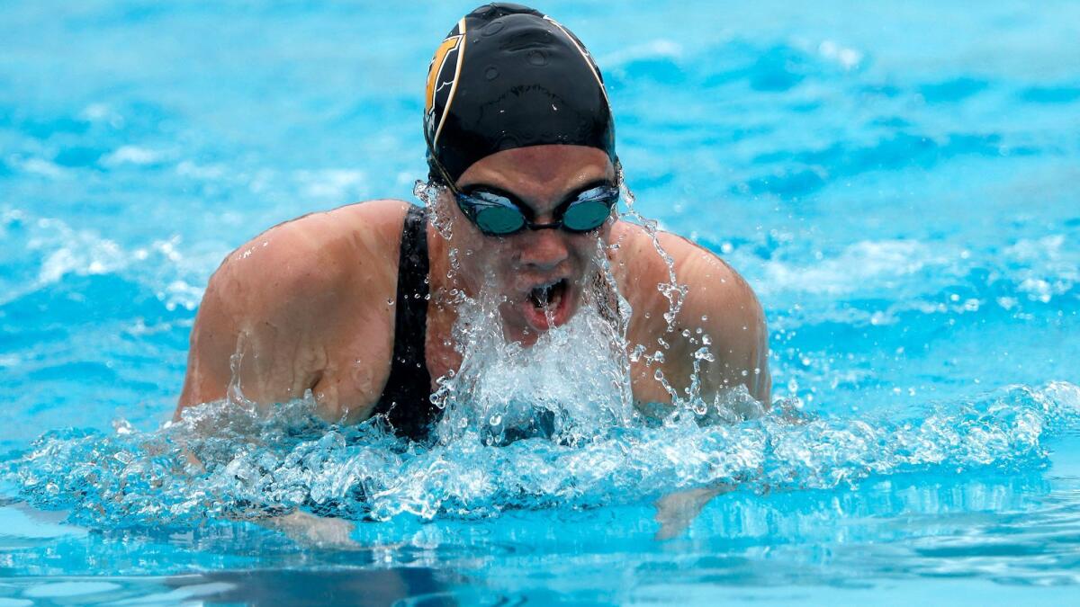 Fountain Valley High's Hannah Farrow competes in the girls' 200-yard breaststroke relay championship finals of the Capistrano Valley Relays at Capistrano Valley High on Saturday, March 10.