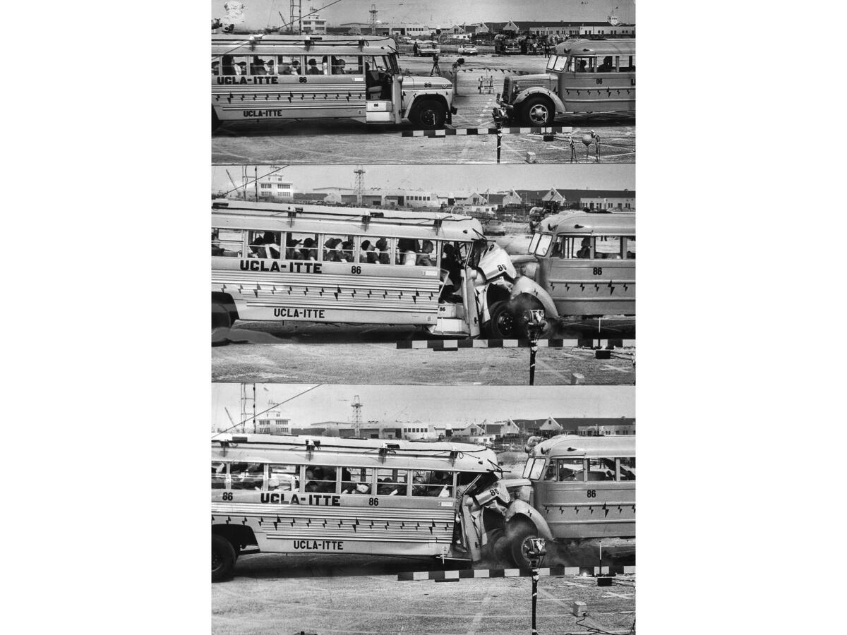April 5, 1966: Two school buses collide in a crash test by UCLA traffic safety experts on Terminal Island.