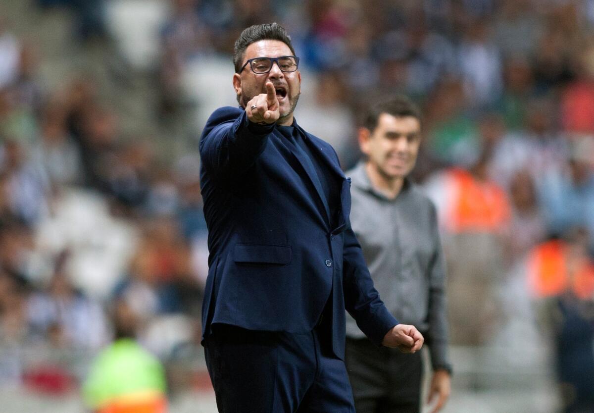 Monterrey coach Antonio Mohamed gestures during the Mexican Clausura 2018 tournament football match against Pumas at the BBVA Bancomer stadium in Monterrey, Mexico, on April 7, 2018.