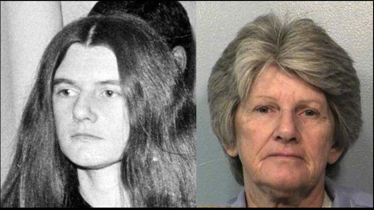Left: Patricia Krenwinkel enters court in this 1971 file photo. Right: A 2011 photo of Patricia Krenwinkel, as provided by the California Department of Corrections and Rehabilitation.