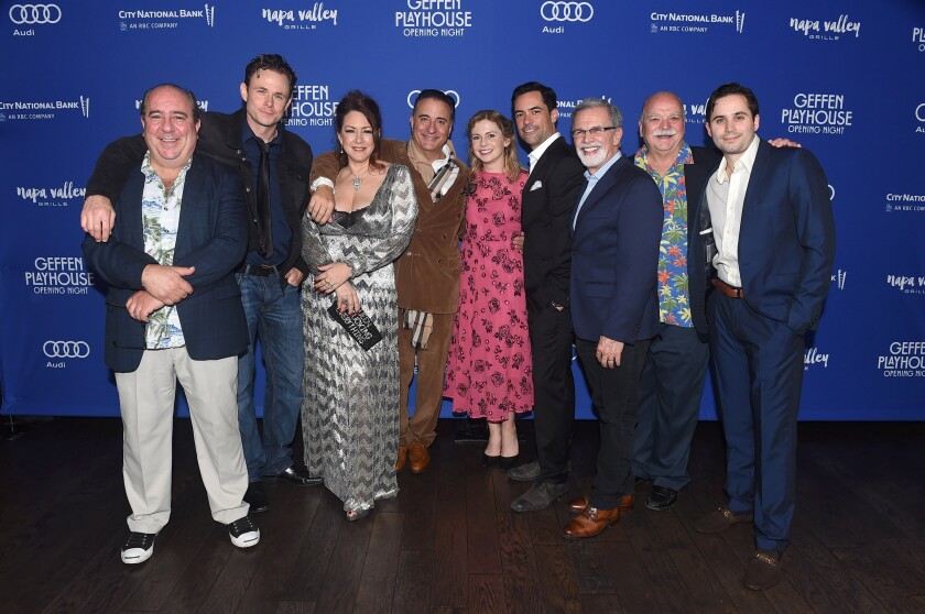 Louis Mustillo, left, Bradley Snedeker, Joely Fisher, Andy Garcia, Rose McIver, Danny Pino, Tony Plana, Richard Riehle and Stephen Borrello at the opening night of the play "Key Largo" at Geffen Playhouse.