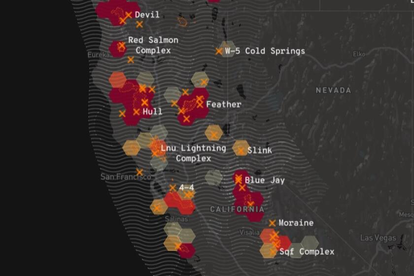 A map of the ongoing wildfires in California.
