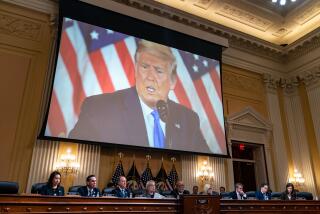 WASHINGTON, DC - DECEMBER 19: An image of President Donald Trump is displayed on a screen as the House Select Committee to Investigate the January 6th Attack on the United States Capitol conducts its final hearing in the Cannon House Office Building on Monday, Dec. 19, 2022 in Washington, DC. The bipartisan Select Committee to Investigate the January 6th Attack On the United States Capitol has spent over a year conducting more than 1,000 interviews, reviewed more than 140,000 documents day of the attack. (Kent Nishimura / Los Angeles Times)