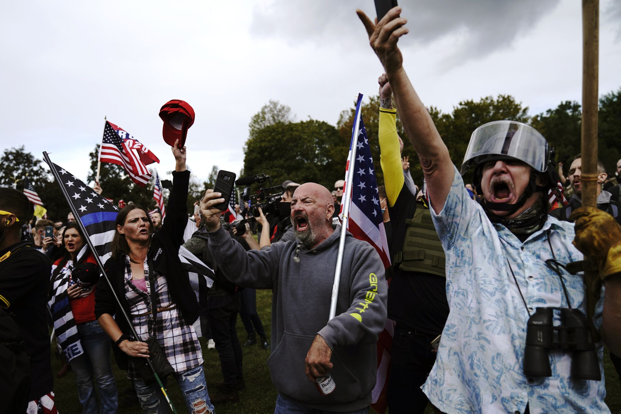 Right-wing demonstrators with U.S. flags and Trump gear yell and raise their arms in a park