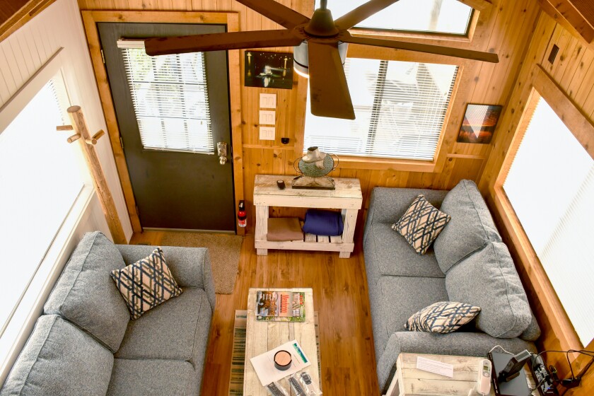 The interior of a "tiny home" as seen from above.