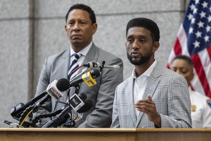 Baltimore Mayor Brandon Scott speaks during a press conference about the murder of Pava LaPere at the Baltimore Police Department headquarters on Tuesday, Sept. 26, 2023 in Baltimore. LaPere, the founder of a successful Baltimore tech startup, was discovered dead after being reported missing on Monday, Sept. 25. (Kylie Cooper/The Baltimore Banner via AP)