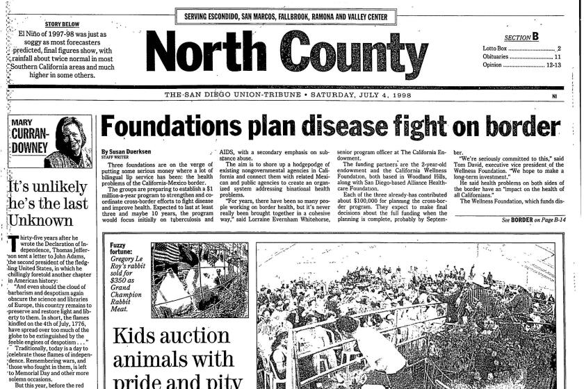 Front page of the North County Local section of the San Diego Union-Tribune, July 2, 1998.