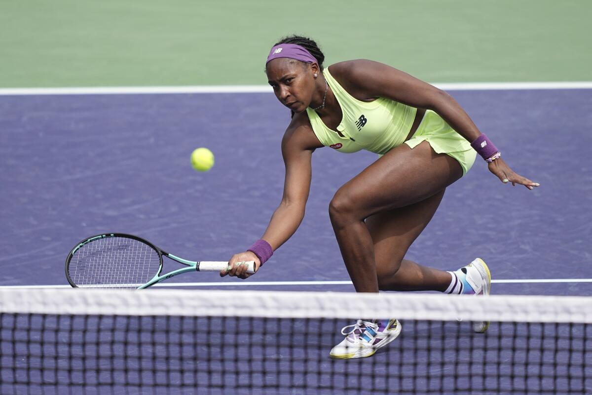 Coco Gauff returns a shot during her victory over Lucia Bronzetti at the BNP Paribas Open on Monday.