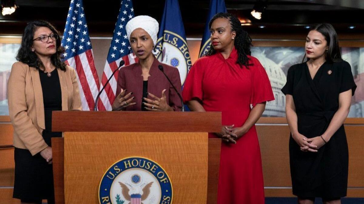 "The squad" of contentious Democrats: Rep. Rashida Tlaib (D-Mich.), from left, Rep. Ilhan Omar (D-Minn.), Rep. Ayanna Pressley (D-Mass.) and Rep. Alexandria Ocasio-Cortez (D-N.Y.).