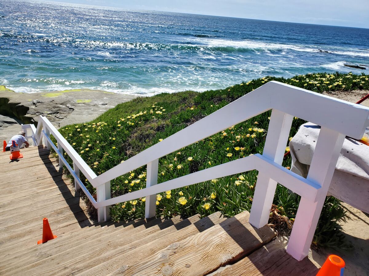 The recent handiwork of Joseph McGoldrick is on the repainted stairway railings at the end of Westbourne Street at Windansea.