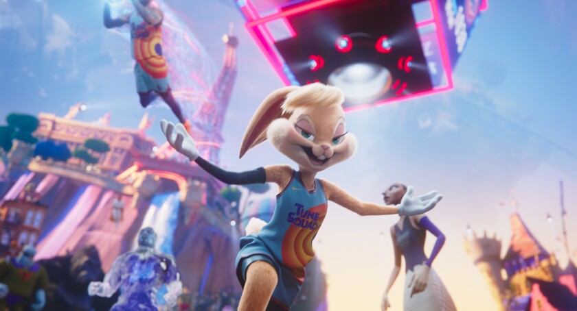 An animated rabbit, with her arms spread wide, wears a Tune Squad jersey.