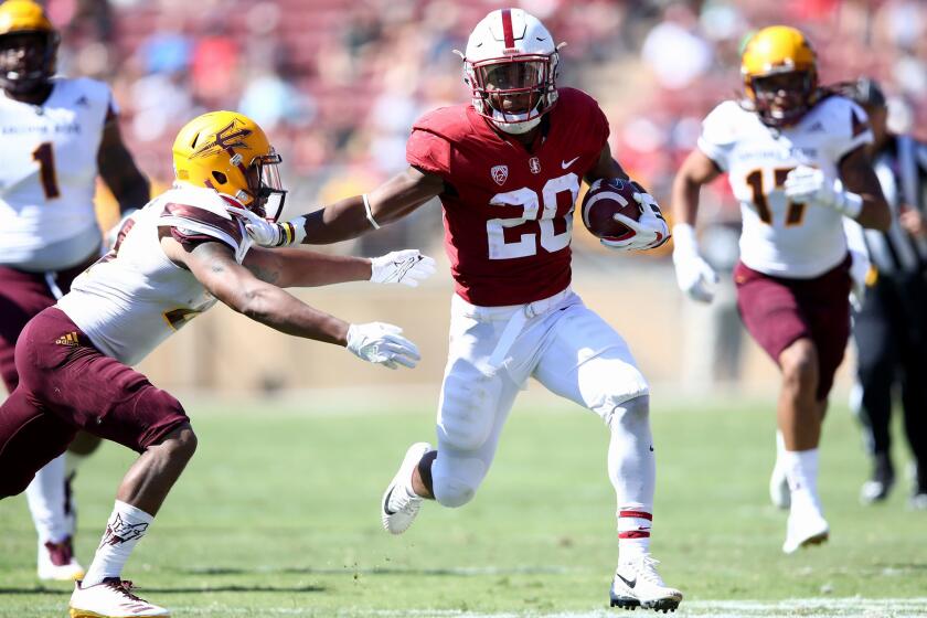 PALO ALTO, CA - SEPTEMBER 30: Bryce Love #20 of the Stanford Cardinal runs in for a touchdown against the Arizona State Sun Devils at Stanford Stadium on September 30, 2017 in Palo Alto, California. (Photo by Ezra Shaw/Getty Images) ** OUTS - ELSENT, FPG, CM - OUTS * NM, PH, VA if sourced by CT, LA or MoD **