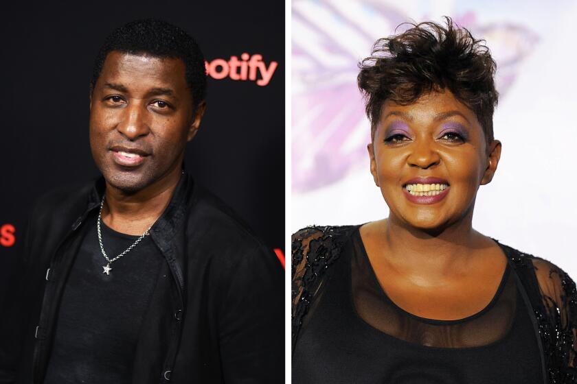 Left: FILE - Kenneth "Babyface" Edmonds appears at the Secret Genius Awards in Los Angeles on Nov. 1, 2017. The R&B legend will perform “America the Beautiful” while country singer Chris Stapleton will sing the national anthem at the Super Bowl. (Photo by Richard Shotwell/Invision/AP, File) Right: FILE - In this June 26, 2011 file photo, Anita Baker appears at the BET Awards in Los Angeles. Baker will be honored at the 2018 BET Awards on Sunday. (AP Photo/Chris Pizzello, File)