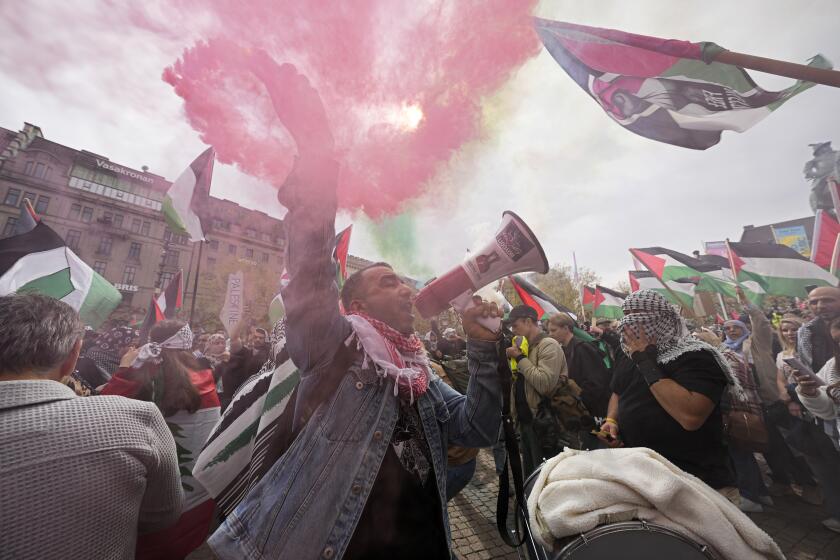 A protester shouts into a megaphone during a Pro-Palestinian demonstration for excluding Israel from Eurovision ahead of the second semi-final at the Eurovision Song Contest in Malmo, Sweden, Thursday, May 9, 2024. (AP Photo/Martin Meissner)