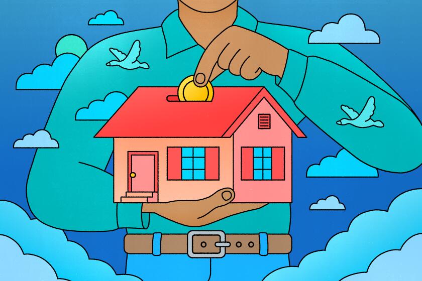 An illustration of a man dropping a coin into a house-shaped piggy bank.