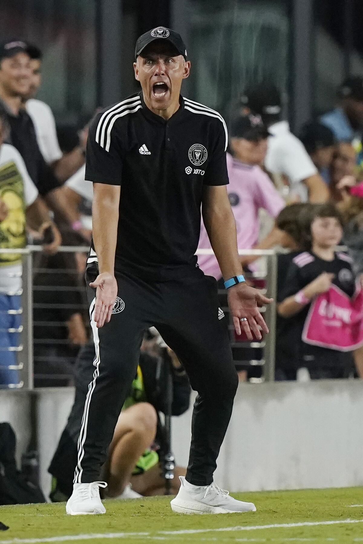 Inter Miami coach Phil Neville reacts during the second half of the team's MLS soccer match against Charlotte FC, Saturday, July 16, 2022, in Fort Lauderdale, Fla. (AP Photo/Marta Lavandier)