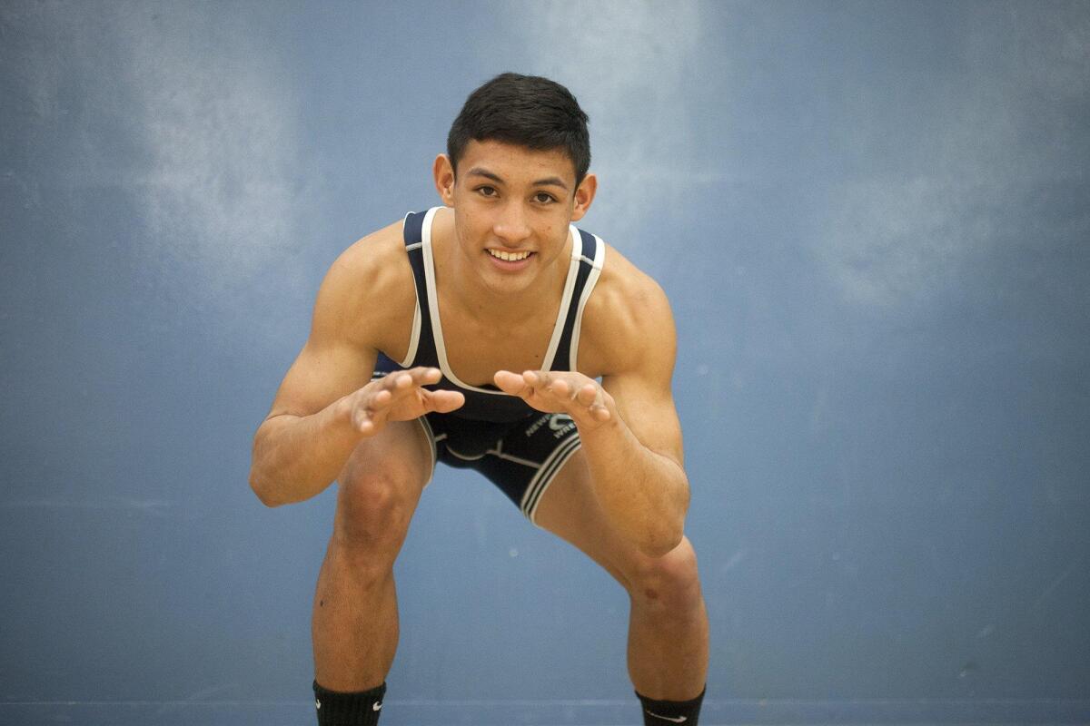 Newport Harbor High wrestler Xander Moreno is the Daily Pilot High School Athlete of the Week. (Kevin Chang/ Daily Pilot) returned from an injury to score a pin on Tuesday.