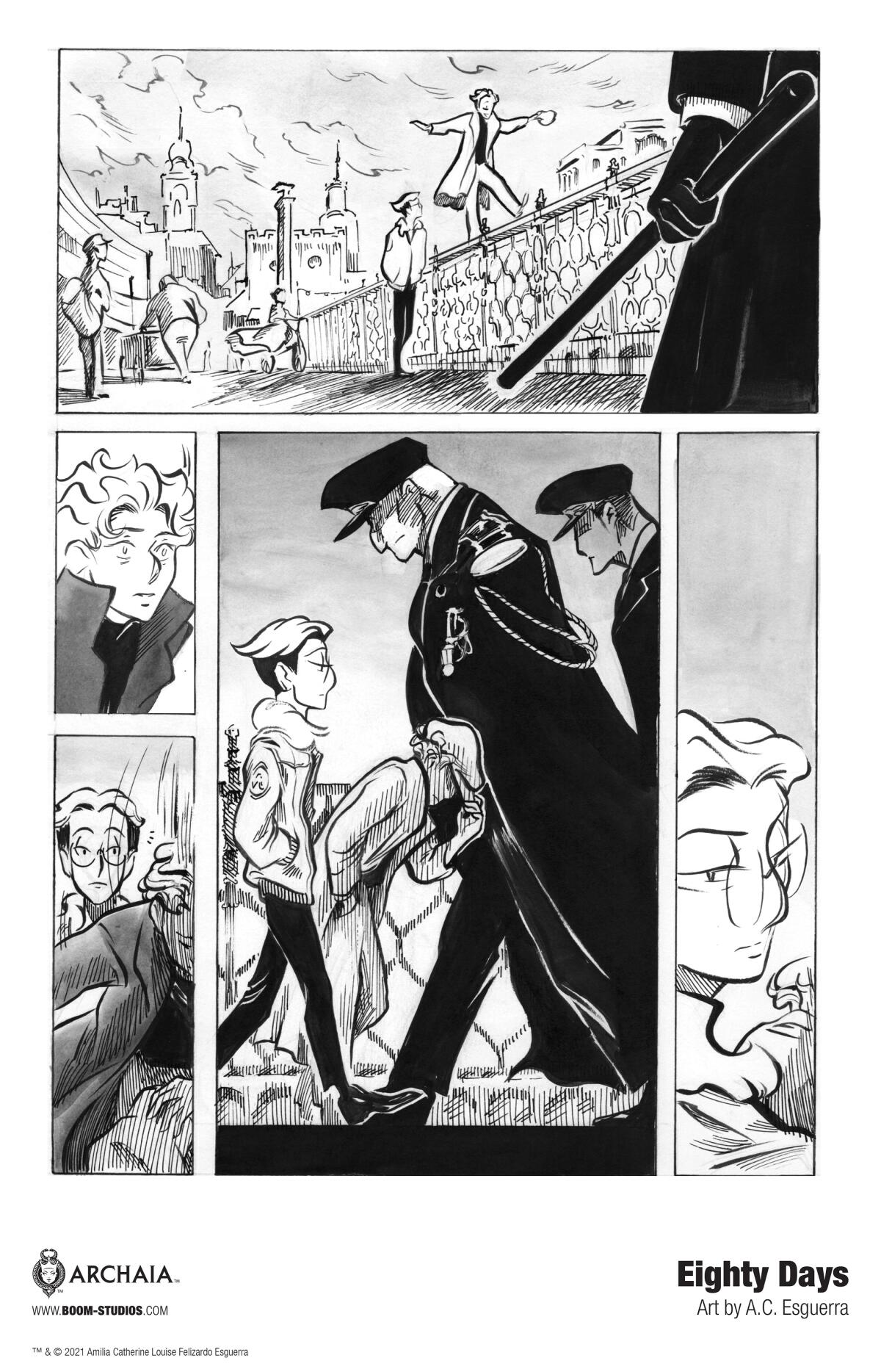 Comic book page with two young men walking past intimidating figures in cloaks