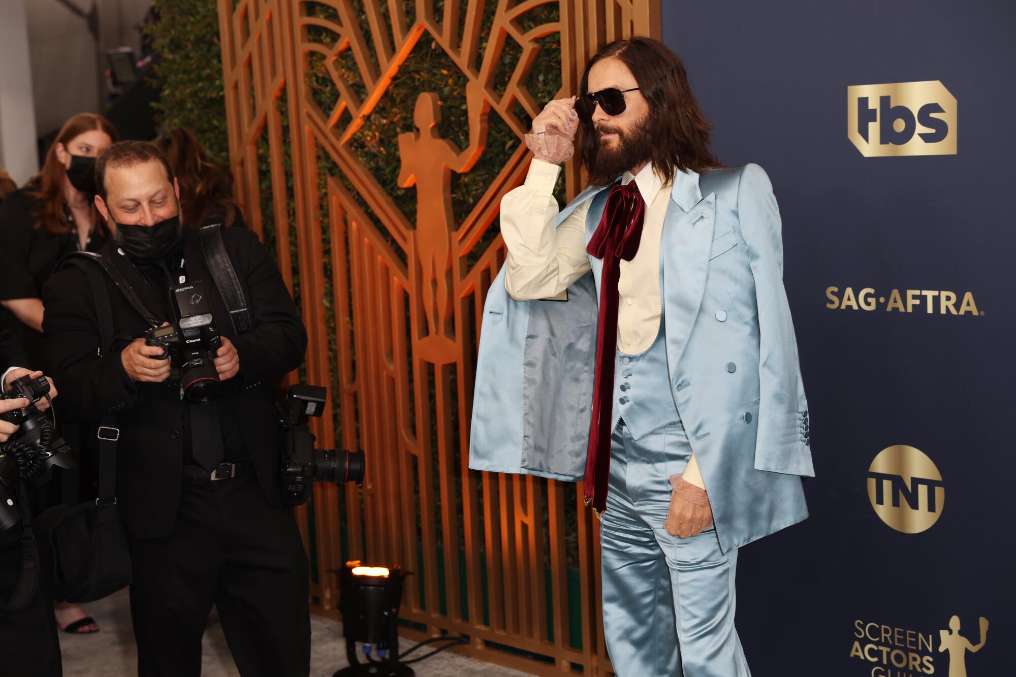 Jared Leto arriving at the 28th Screen Actors Guild Awards at the Barker Hangar.