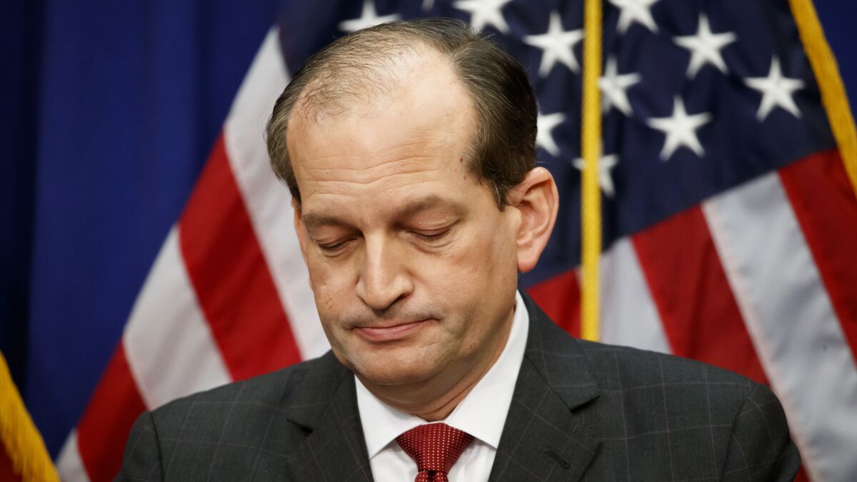 Labor Secretary R. Alexander Acosta at a news conference this week in which he defended his role in the Jeffrey Epstein case.
