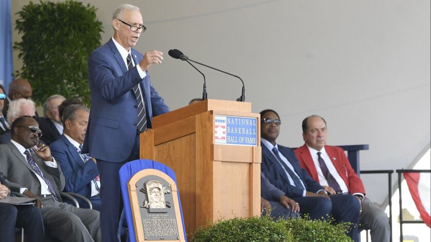 Alan Trammell speaks during the National Baseball Hall of Fame induction ceremony on Sunday.