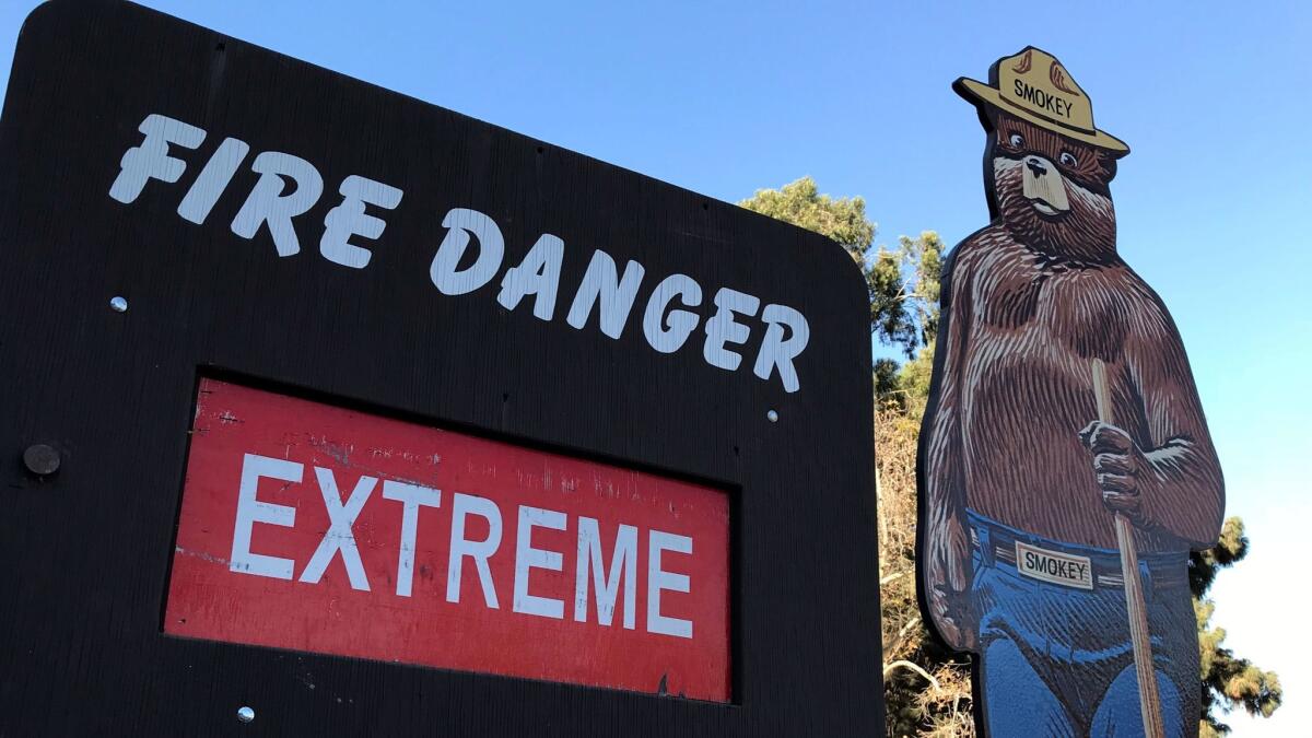 Southern California began the week in extreme fire danger, as shown in this Griffith Park warning sign, but a slow cooling trend has helped to ease the threat of wildfires.