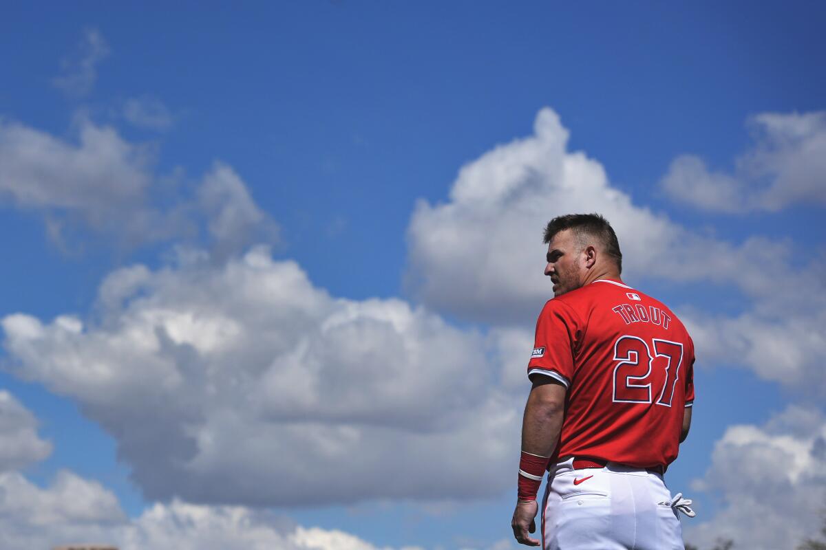 Mike Trout warms up prior to a spring training game this year.