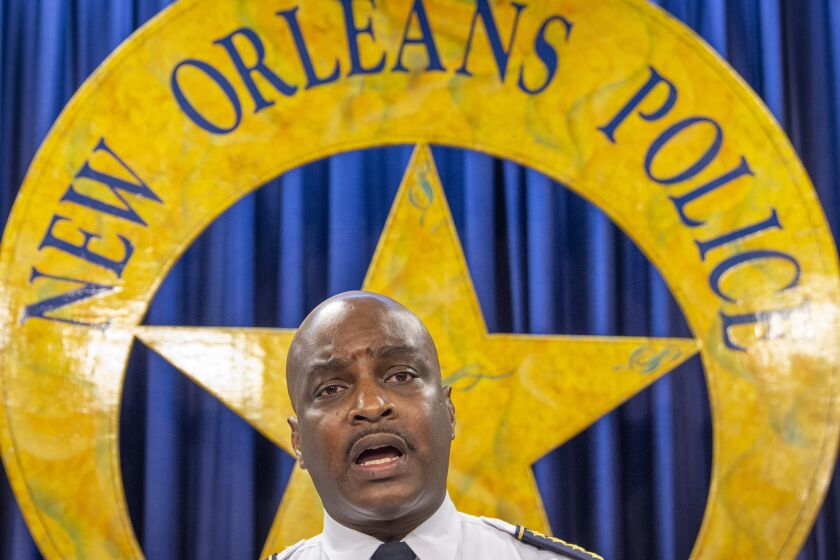 FILE - New Orleans Police Supt. Shaun Ferguson addresses the recent uptick in crime during a news conference on Jan. 19, 2022, in New Orleans. Ferguson announced his retirement Tuesday, Dec. 6, 2022, after four years punctuated by a disastrous building collapse at the edge of the French Quarter, two hurricanes, a pandemic, dwindling police manpower and a violent crime surge that put residents on edge and turned up political pressure on city leaders. (Chris Granger/The Times-Picayune/The New Orleans Advocate via AP, File)