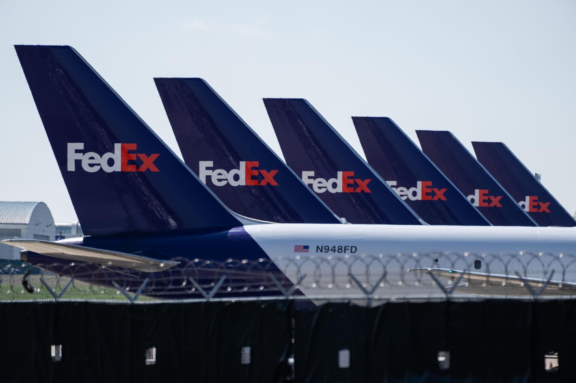A row of planes with the FedEx logo.