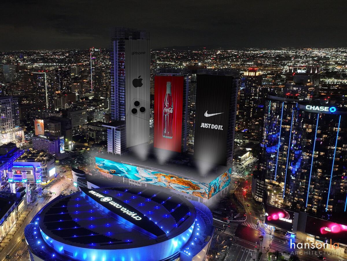 Uma vista noturna de uma paisagem urbana de arranha-céus iluminados e uma arena circular. Alguns edifícios têm banners de publicidade