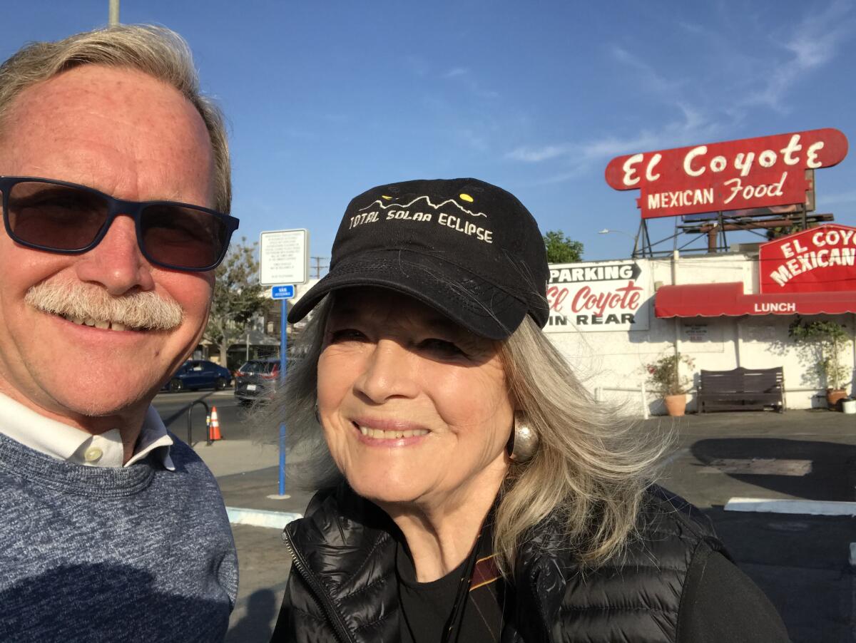 Chris Erskine and Angie Dickinson after lunch at El Coyote.