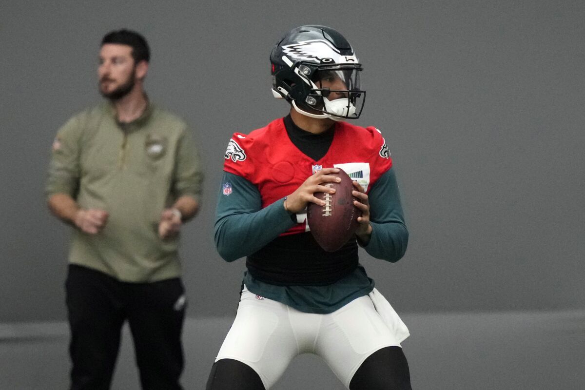 Philadelphia Eagles' Jalen Hurts runs a drill during practice at the NFL football team's training facility, Friday, Feb. 3, 2023, in Philadelphia. The Eagles are scheduled to play the Kansas City Chiefs in Super Bowl LVII on Sunday, Feb. 12, 2023. (AP Photo/Matt Slocum)