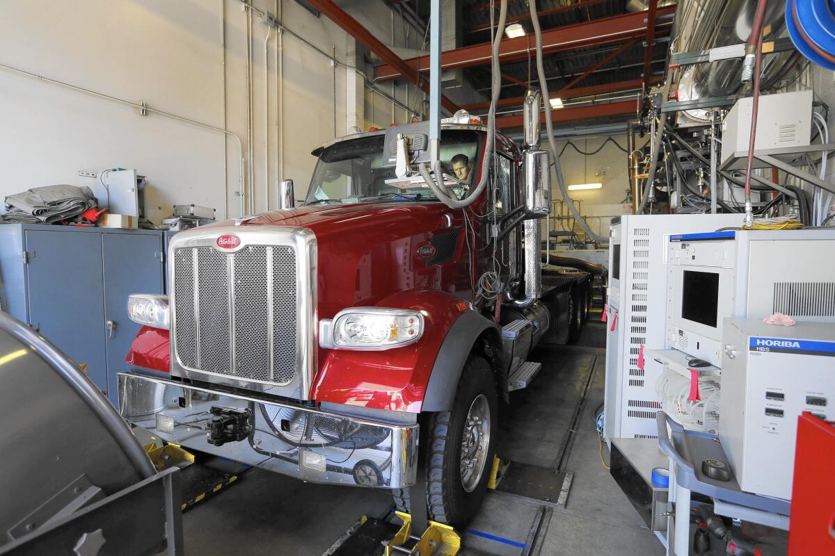 A brand-new disel truck is tested at the California Air Resources Board's lab in downtown L.A. The truck is among the cleanest on the road, but spews more than 20 times the smog-forming nitrogen oxides of a typical gasoline-powered car.