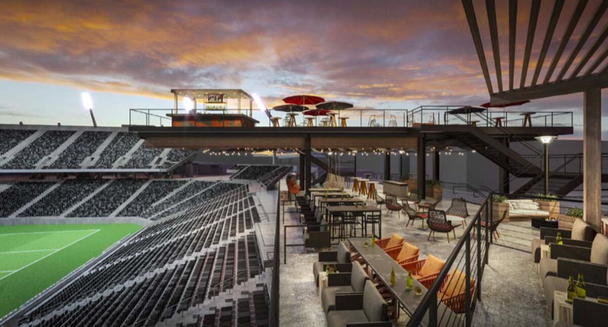 An Aztec Stadium rendering shows The Piers, a viewing deck that will hang over seats on the south end of the stadium.