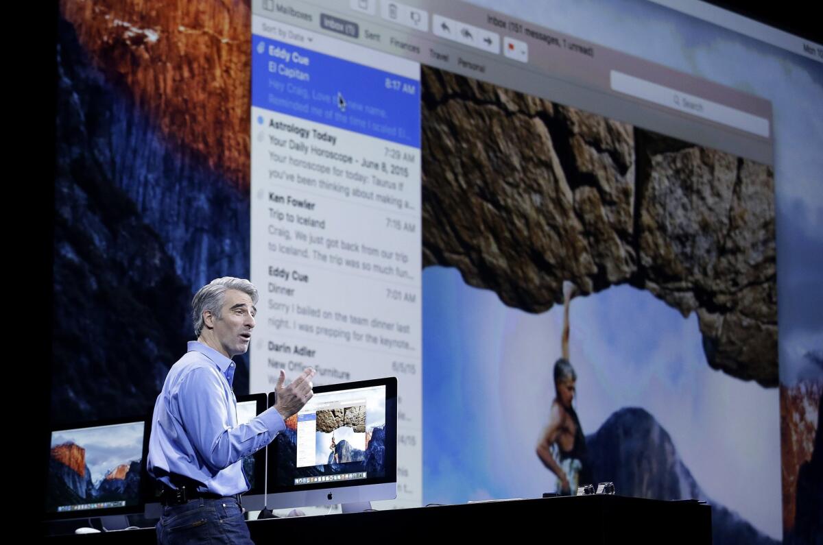 Craig Federighi, Apple senior vice president of software engineering, discusses the El Capitan operating system at Apple's Worldwide Developers Conference in San Francisco on Monday.